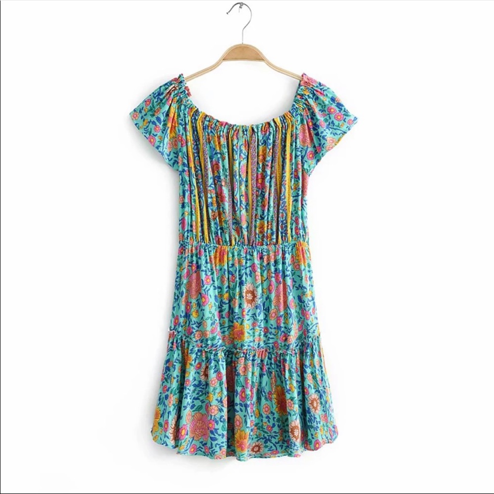 Off the Shoulder Tiered Boho Floral Print Dress - Picture 5 of 6